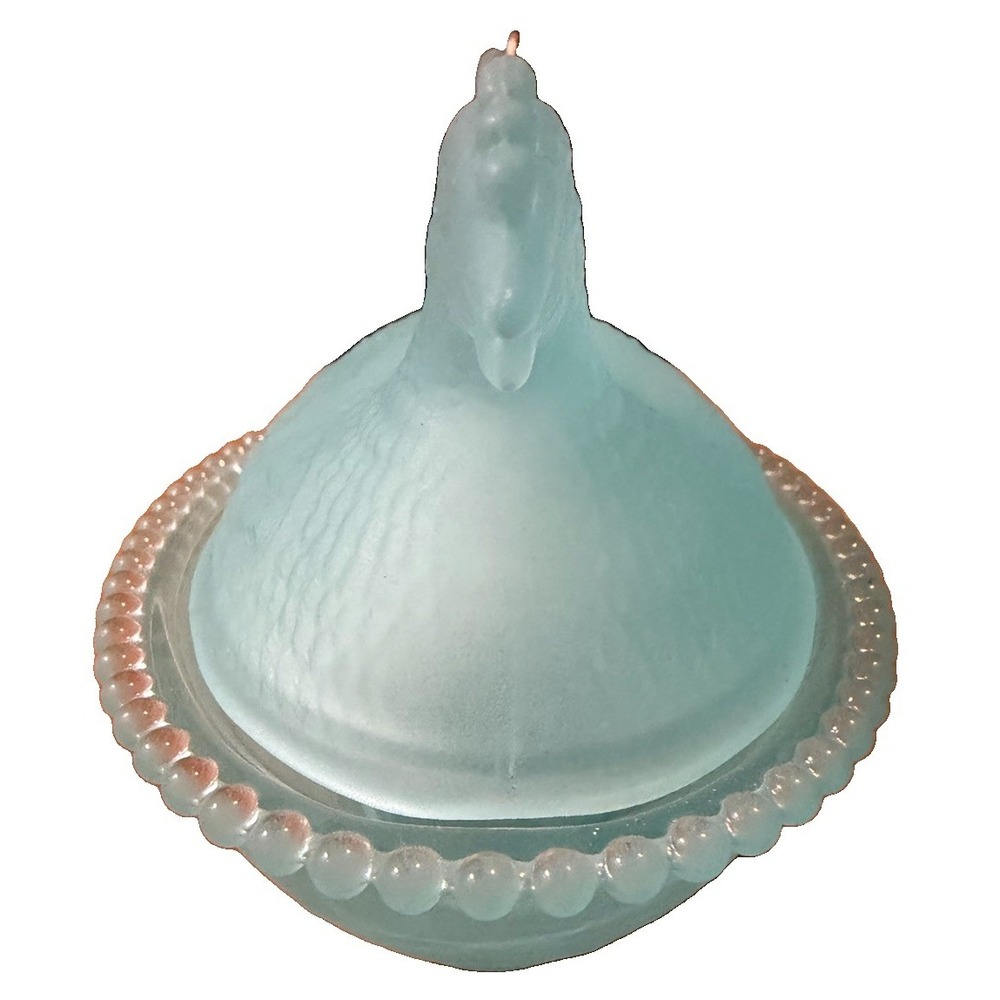 Blue Frosted Glass Hen on Nest Covered Dish Candy Trinket Jewelry Box Beaded Rim - Picture 4 of 7